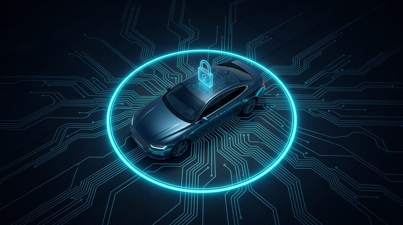 A fleet vehicle monitored inside a glowing connected perimeter
