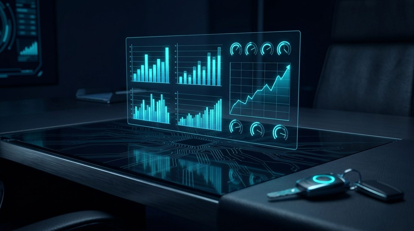 Holographic fleet financials dashboard floating above a desk