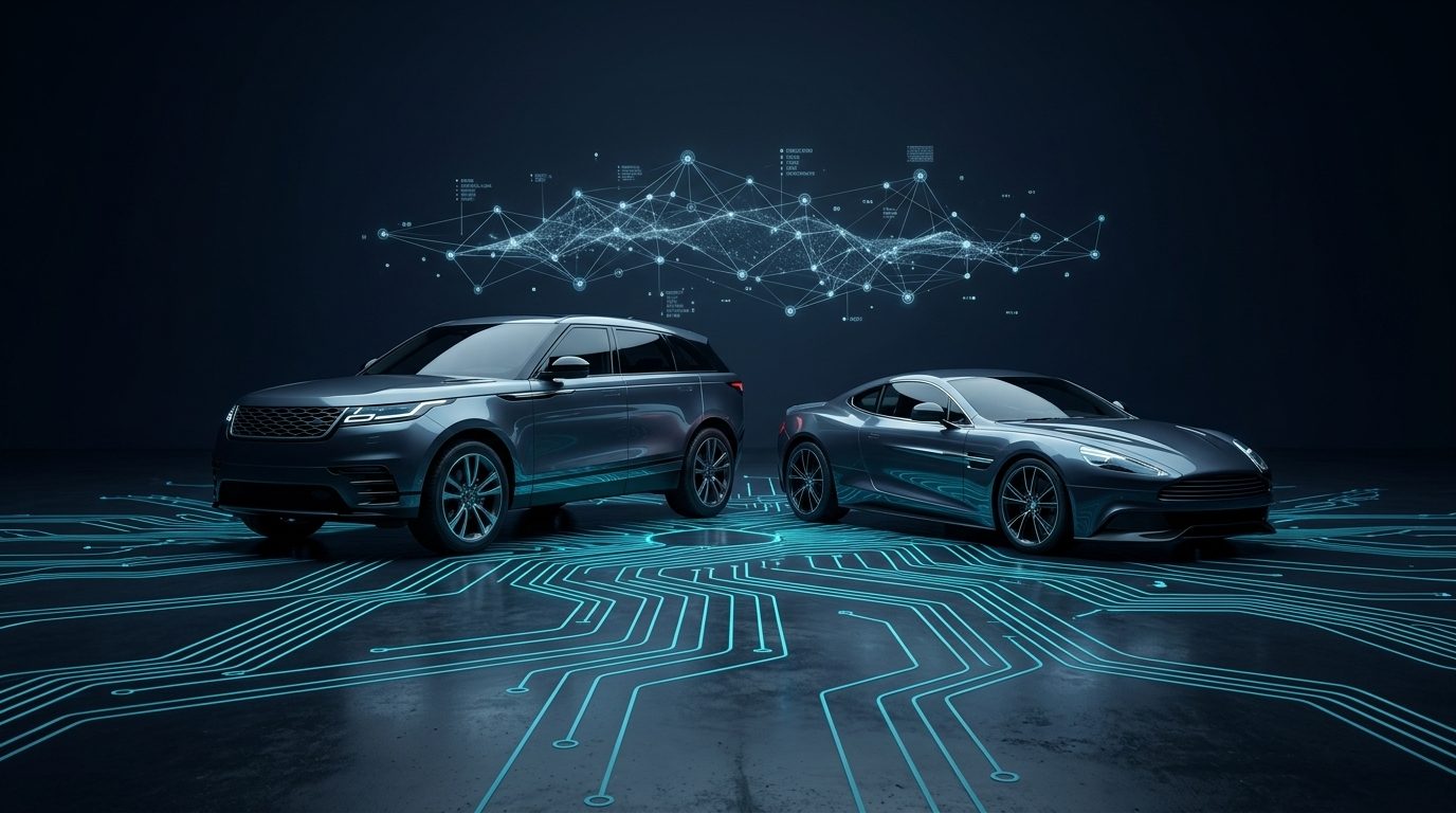 A connected rental fleet — SUV and sports car linked by a holographic network